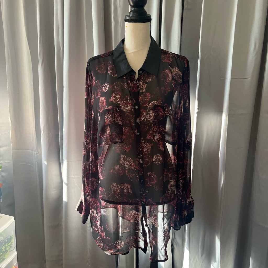 Rock & Republic Sheer Black And Burgundy Floral Blouse